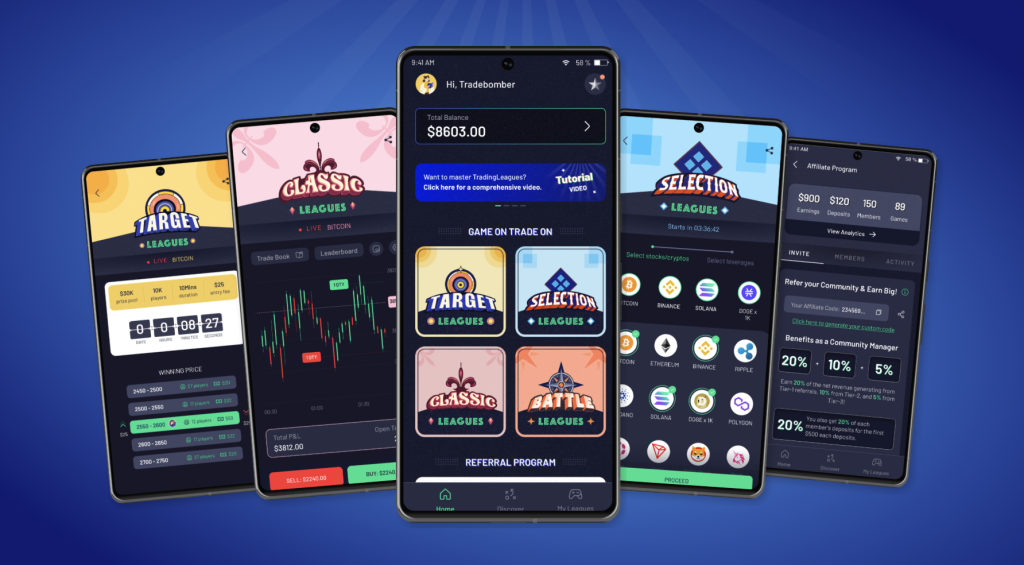 The image has a set of different mockups showing different screens of TradingLeagues